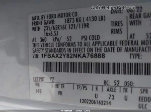 1FBAX2Y82NKA76888 2022 FORD PASSENGER Белый Вид подкапотного пространства