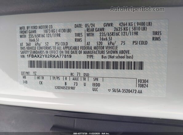 1FBAX2Y82RKA77819 2024 FORD PASSENGER White Вид підкапотного простору