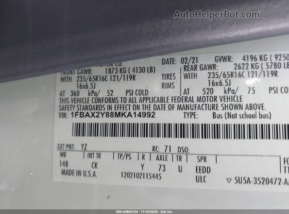 1FBAX2Y88MKA14992 2021 FORD PASSENGER Белый Вид подкапотного пространства