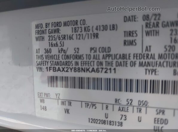 1FBAX2Y88NKA67211 2022 FORD PASSENGER Белый Вид подкапотного пространства