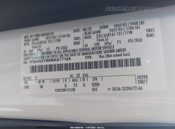 1FBAX2Y88NKA77124 2022 FORD PASSENGER White Widok komory silnika