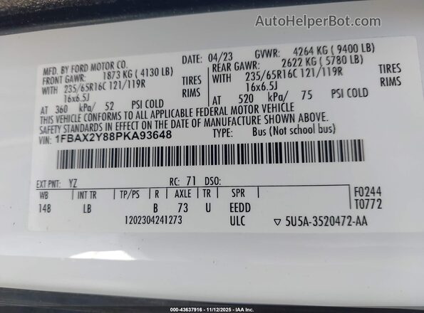 1FBAX2Y88PKA93648 2023 FORD PASSENGER Белый Вид подкапотного пространства
