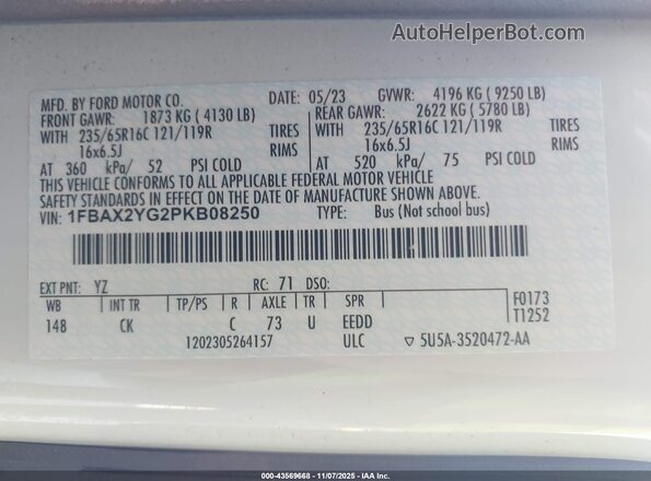 1FBAX2YG2PKB08250 2023 FORD PASSENGER White Вид підкапотного простору