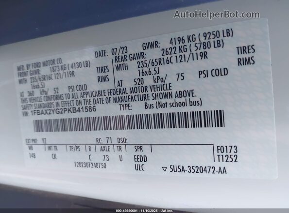 1FBAX2YG2PKB41586 2023 FORD PASSENGER White Շարժիչի բաժամունքի տեսք