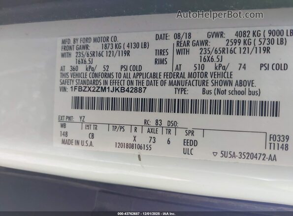 1FBZX2ZM1JKB42887 2018 FORD TRANSIT-350 Белый Вид подкапотного пространства