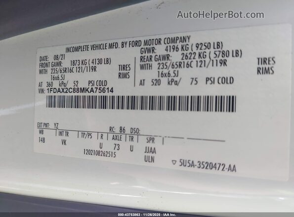 1FDAX2C88MKA75614 2021 FORD PASSENGER White ძრავის განყოფილების ხედი