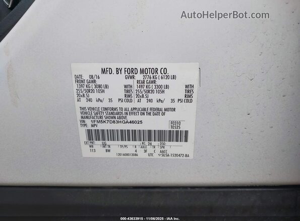 1FM5K7D83HGA46025 2017 FORD FORD EXPLORER White Vista del compartimento del motor