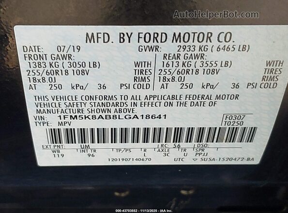 1FM5K8AB8LGA18641 2020 FORD EXPLORER Черный Вид подкапотного пространства