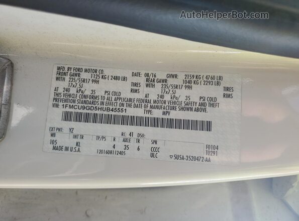 1FMCU9GD5HUB45551 2017 FORD ESCAPE Белый Вид подкапотного пространства