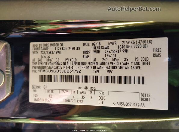 1FMCU9GD5JUB51792 2018 FORD ESCAPE Черный Вид подкапотного пространства