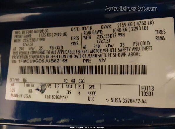 1FMCU9GD9JUB82155 2018 FORD ESCAPE Blue Widok komory silnika