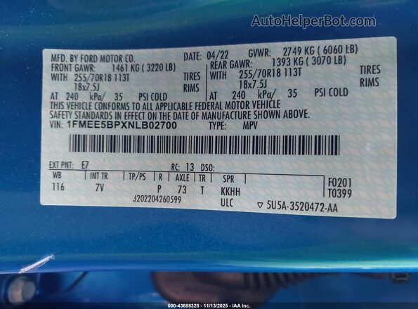 1FMEE5BPXNLB02700 2022 FORD BRONCO Синий Вид подкапотного пространства