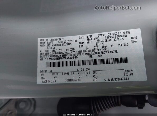 1FMEE5EP8MLA40840 2021 FORD BRONCO Gray Vista del compartimento del motor