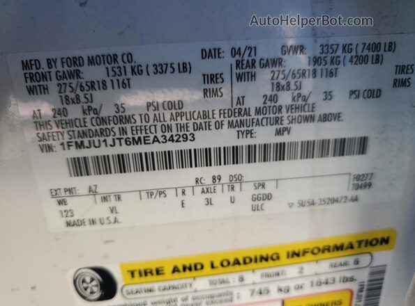 1FMJU1JT6MEA34293 2021 FORD EXPEDITION White Widok naklejki z numerem VIN