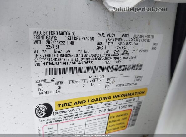 1FMJU1MT7MEA10578 2021 FORD EXPEDITION White Вид підкапотного простору