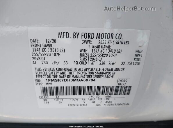 1FMSK7DH0MGA60784 2021 FORD FORD EXPLORER White Engine compartment view