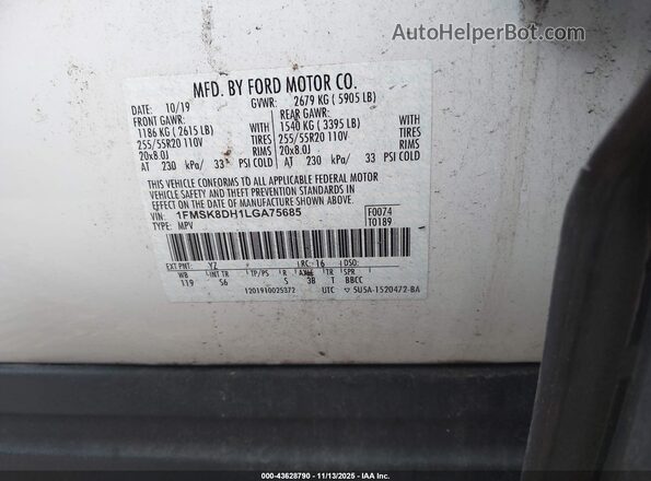 1FMSK8DH1LGA75685 2020 FORD FORD EXPLORER Белый Вид подкапотного пространства