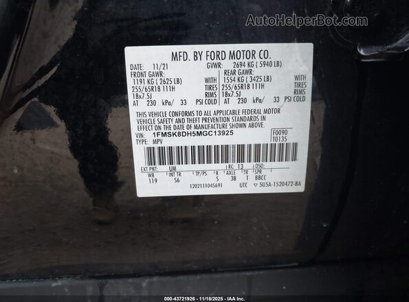 1FMSK8DH5MGC13925 2021 FORD FORD EXPLORER Black ძრავის განყოფილების ხედი