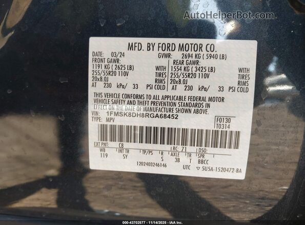 1FMSK8DH8RGA68452 2024 FORD FORD EXPLORER Gray Widok komory silnika