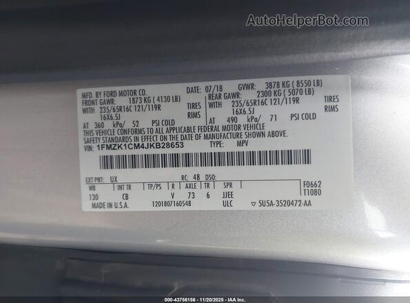 1FMZK1CM4JKB28653 2018 FORD TRANSIT-150 Silver ძრავის განყოფილების ხედი