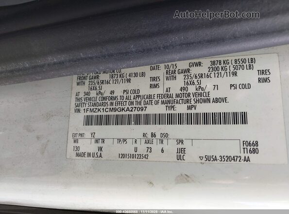 1FMZK1CM9GKA27097 2016 FORD TRANSIT-150 Белый Вид подкапотного пространства