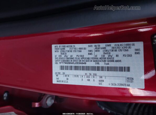 1FT7W2BNXLEE06649 2020 FORD F-250 Red Widok komory silnika