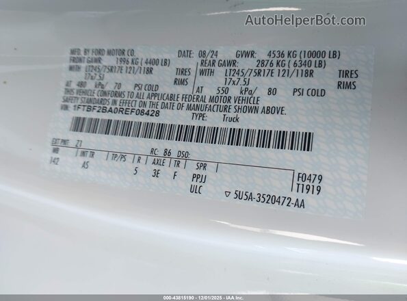 1FTBF2BA0REF08428 2024 FORD F-250 White Vista del compartimento del motor