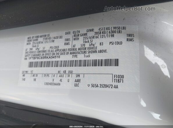 1FTBF8C85RKA54516 2024 FORD TRANSIT-350 White Widok naklejki z numerem VIN