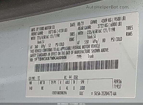 1FTBW3X87MKA60906 2021 FORD TRANSIT-350 White Вид підкапотного простору