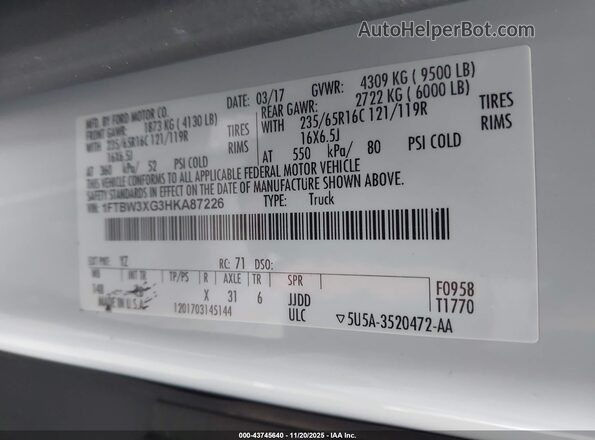 1FTBW3XG3HKA87226 2017 FORD TRANSIT-350 White Widok komory silnika