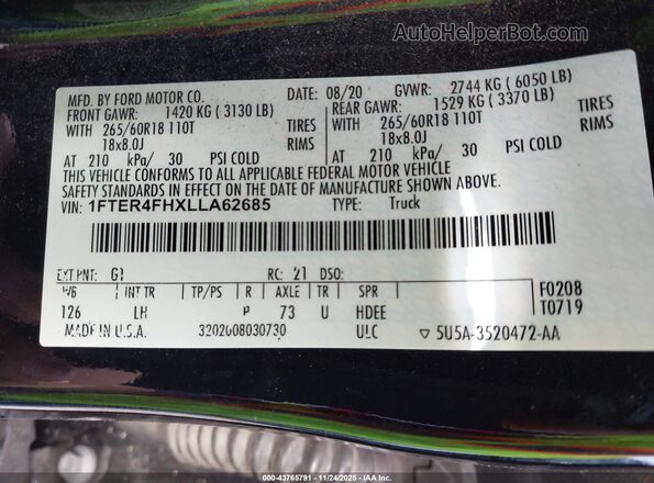 1FTER4FHXLLA62685 2020 FORD RANG Black Engine compartment view