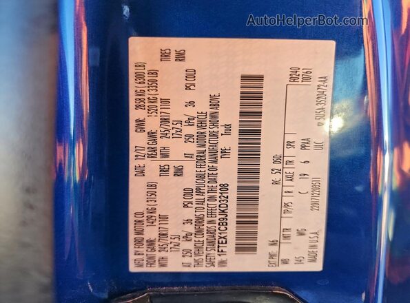 1FTEX1CB9JKD32108 2018 FORD F150 Синий Вид наклейки с VIN-кодом