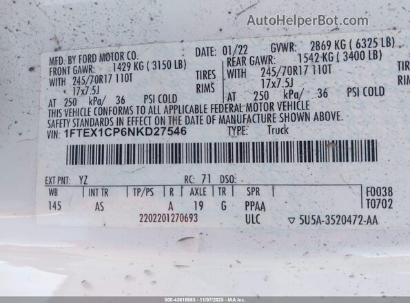 1FTEX1CP6NKD27546 2022 FORD F150 White Engine compartment view