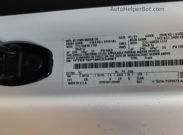 1FTEX1EP1MKD34061 2021 FORD F150  Widok z przodu