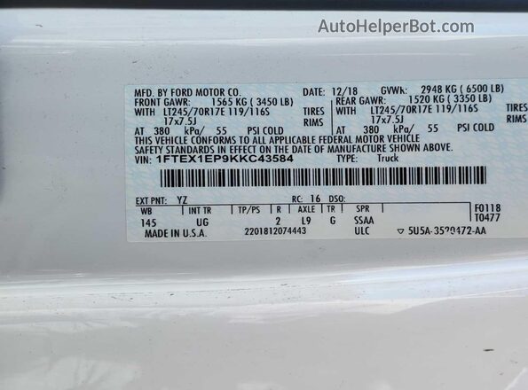 1FTEX1EP9KKC43584 2019 FORD F150  Widok deski rozdzielczej