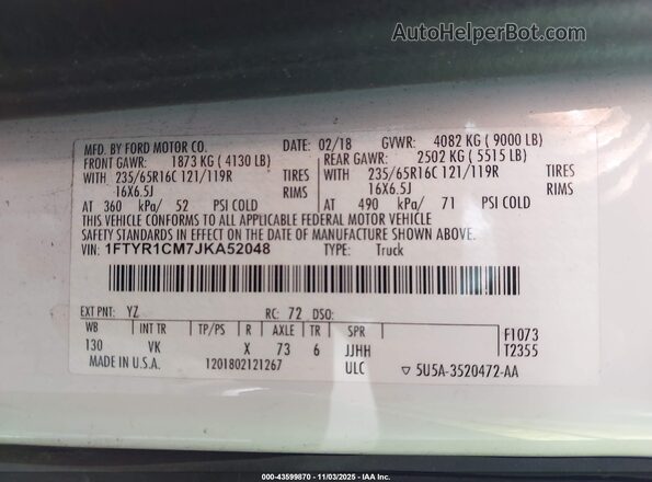 1FTYR1CM7JKA52048 2018 FORD TRANSIT-250 White Вид підкапотного простору