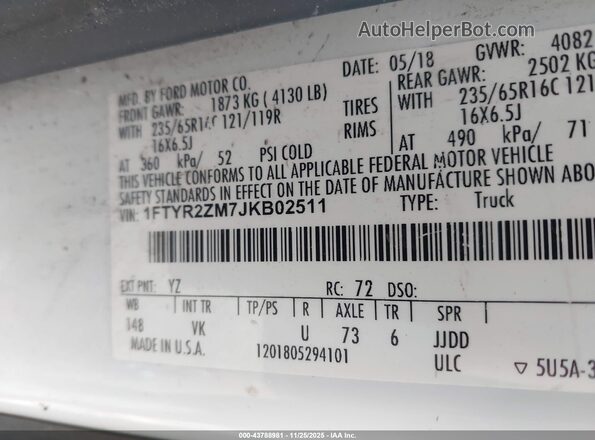 1FTYR2ZM7JKB02511 2018 FORD TRANSIT-250 Белый Вид подкапотного пространства