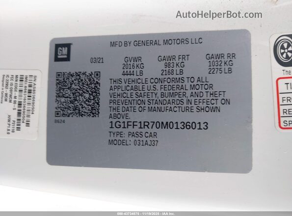 1G1FF1R70M0136013 2021 CHEVROLET CAMARO White Widok komory silnika