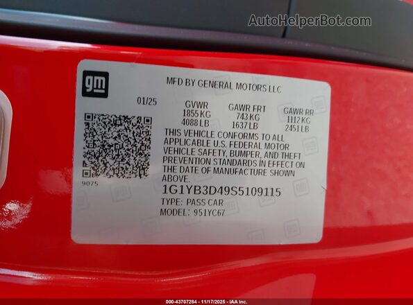 1G1YB3D49S5109115 2025 CHEVROLET CORVETTE Красный Вид подкапотного пространства