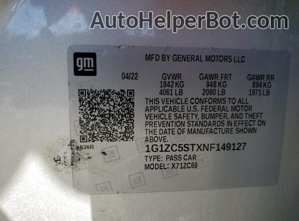1G1ZC5STXNF149127 2022 CHEVROLET MALIBU Серебряный Вид подкапотного пространства