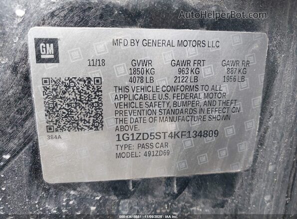 1G1ZD5ST4KF134809 2019 CHEVROLET MALIBU Черный Вид подкапотного пространства