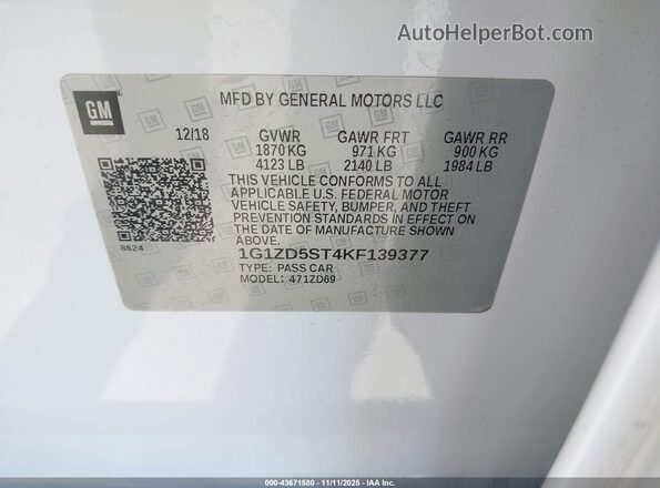 1G1ZD5ST4KF139377 2019 CHEVROLET MALIBU White Вид підкапотного простору