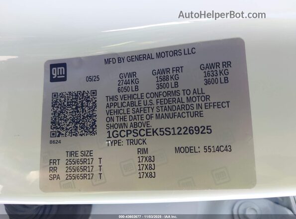 1GCPSCEK5S1226925 2025 CHEVROLET COLORADO White Widok komory silnika