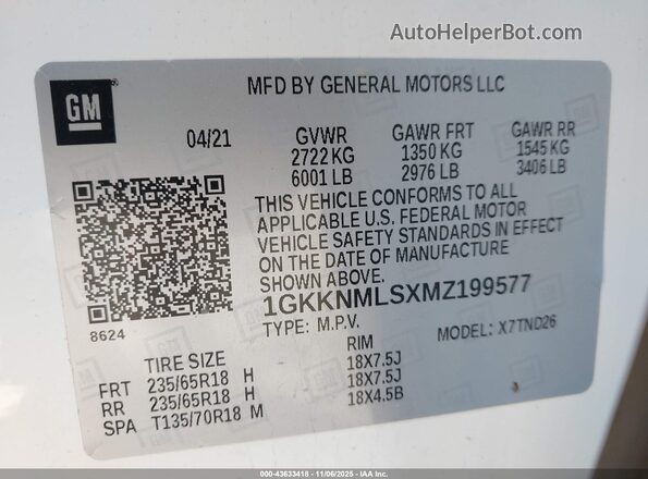 1GKKNMLSXMZ199577 2021 GMC ACADIA White Widok komory silnika