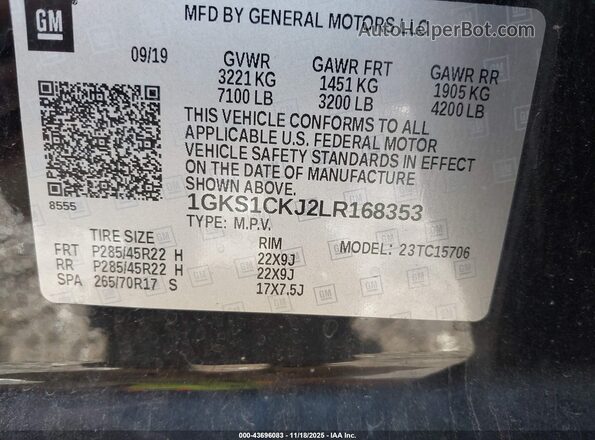 1GKS1CKJ2LR168353 2020 GMC YUKON Черный Вид подкапотного пространства
