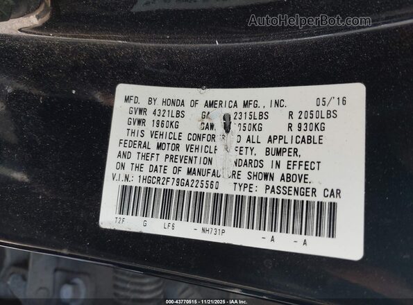 1HGCR2F79GA225560 2016 HONDA ACCORD Черный Вид подкапотного пространства