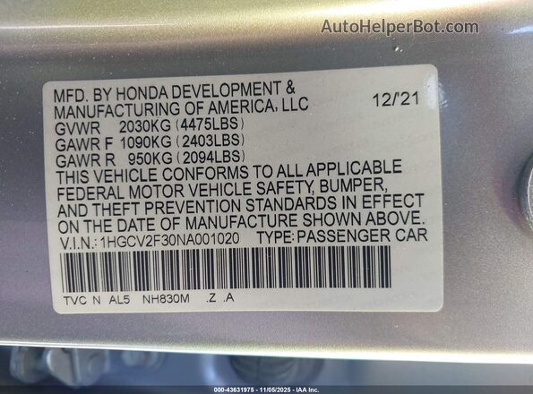 1HGCV2F30NA001020 2022 HONDA ACCORD Серебряный Вид подкапотного пространства