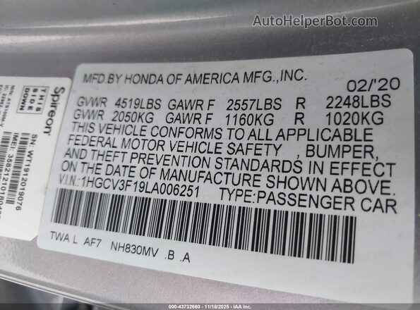 1HGCV3F19LA006251 2020 HONDA ACCORD HYBRID Серебряный Вид подкапотного пространства