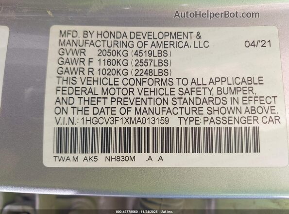 1HGCV3F1XMA013159 2021 HONDA ACCORD HYBRID Серебряный Вид подкапотного пространства