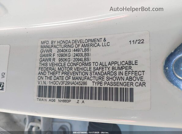 1HGCV3F29NA045286 2022 HONDA ACCORD HYBRID Белый Вид подкапотного пространства